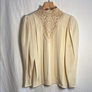 vintage cream lace crepe Victorian style high neck blouse top 8 1980s